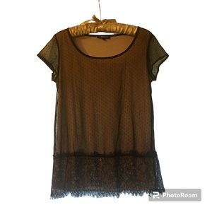 MORGAN DE TOI BLACK LACE GOLD SHEER, WOMEN SHORT SLEEVES TOP US SIZE S